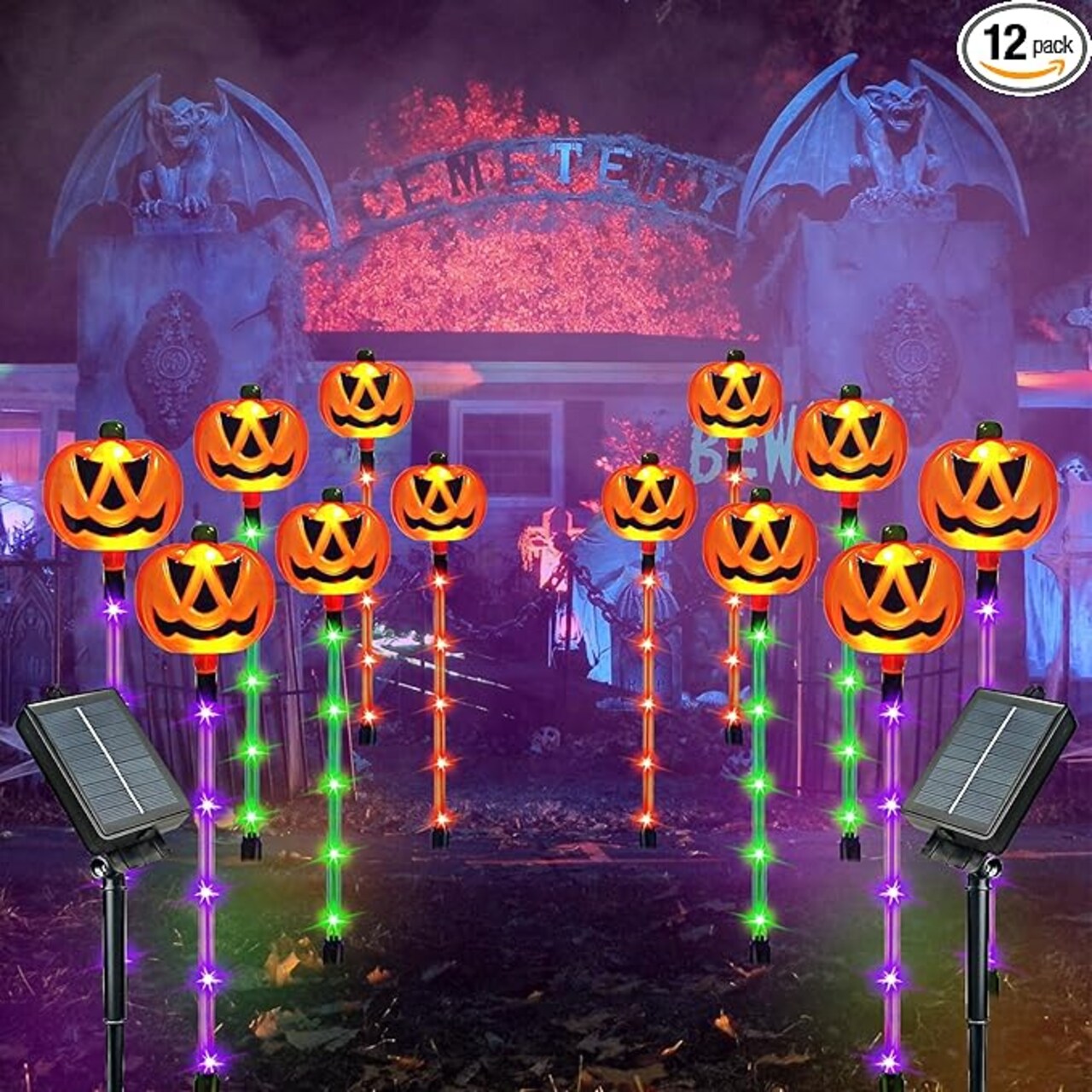 12-Pack Pumpkin Solar Lights for Outdoor Halloween Decorations, Green Orange and Purple Halloween Lights, Light up Jack O Lantern Pumpkins, Solar Garden Lights for Pathway Yard Party Decor